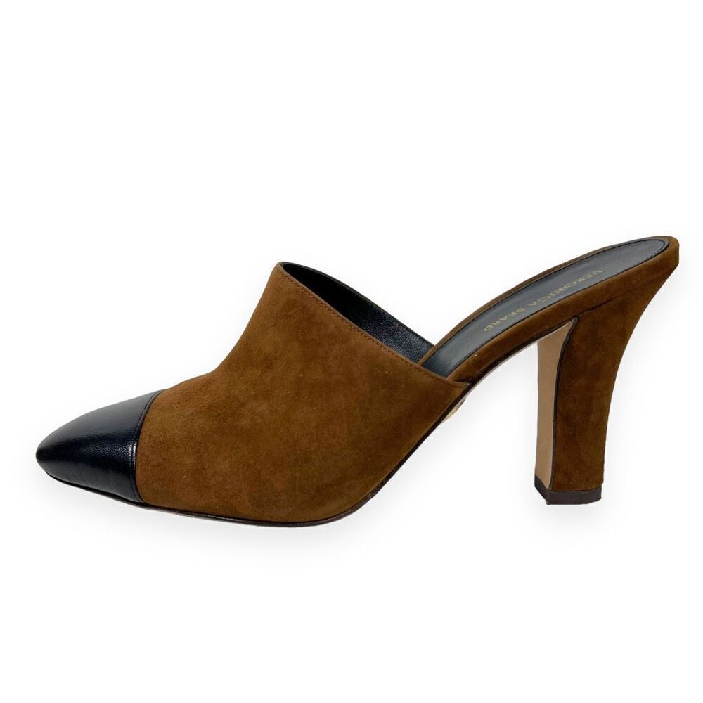 Veronica Beard Carlotta Toe Suede Mules Mixed Media Heel Camel Black Size 9 - Picture 6 of 8